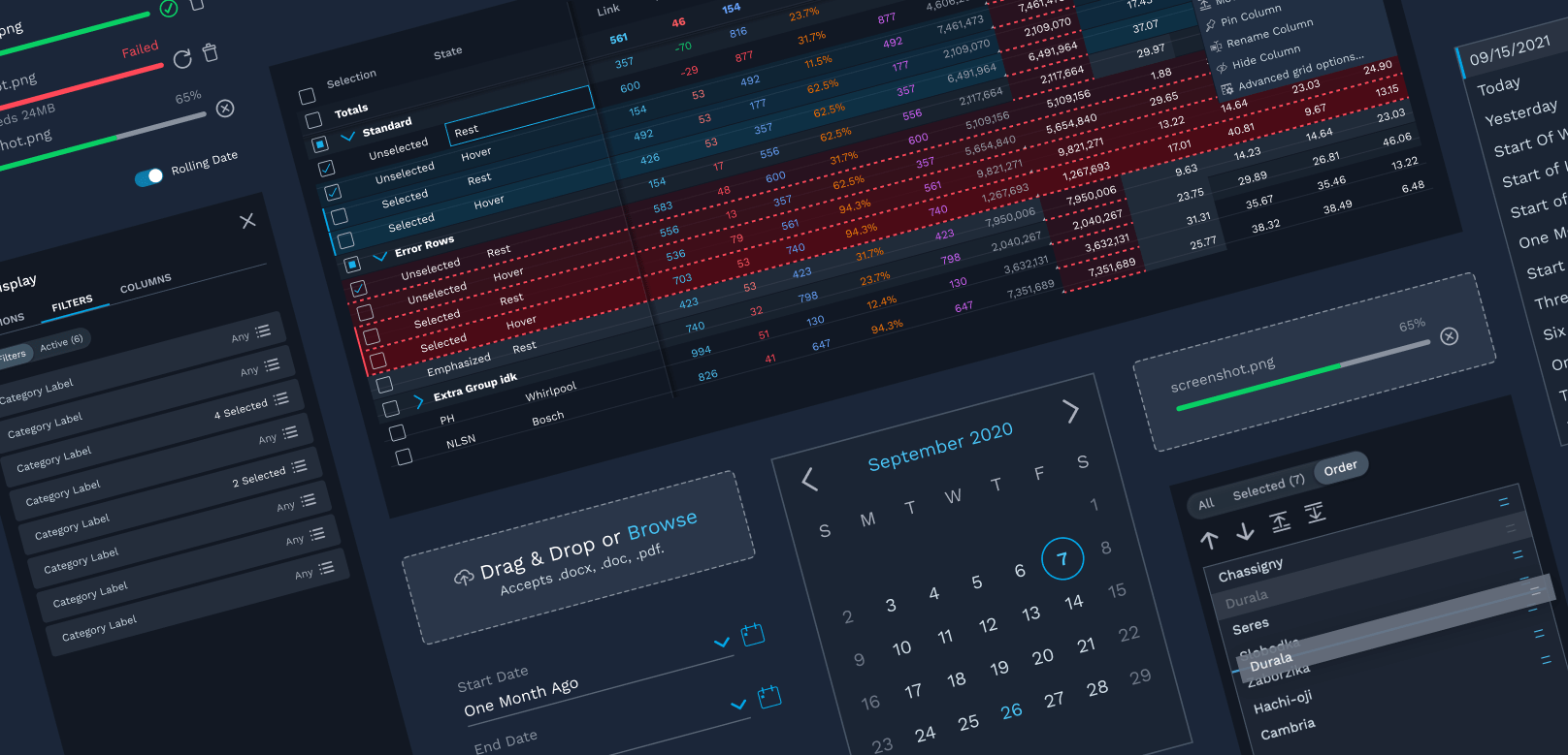 a collage of UI components