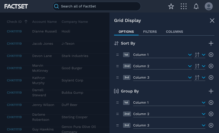 Example of a grid with a drawer on top filled with settings