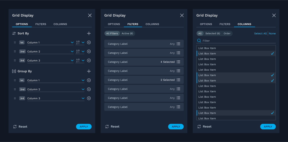 Three views of the drawer used to manage grid settings