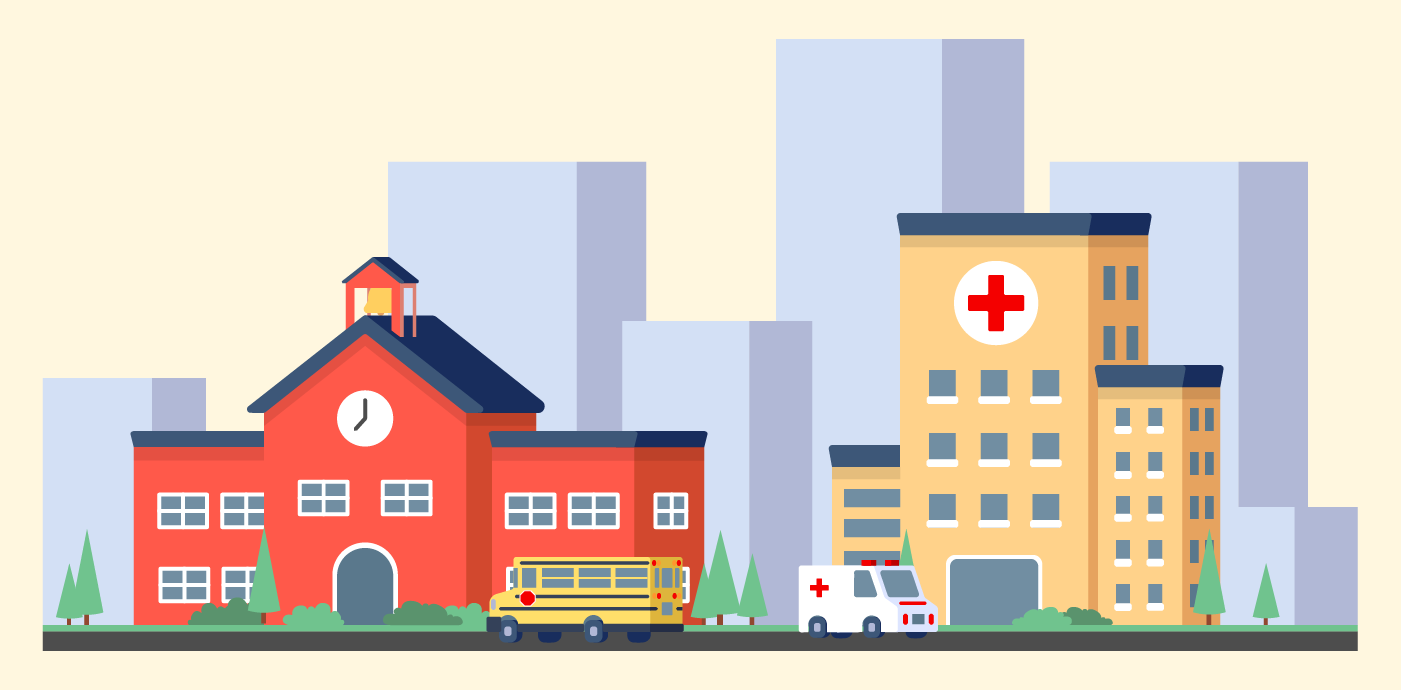 an illustration of a town with a hospital and school