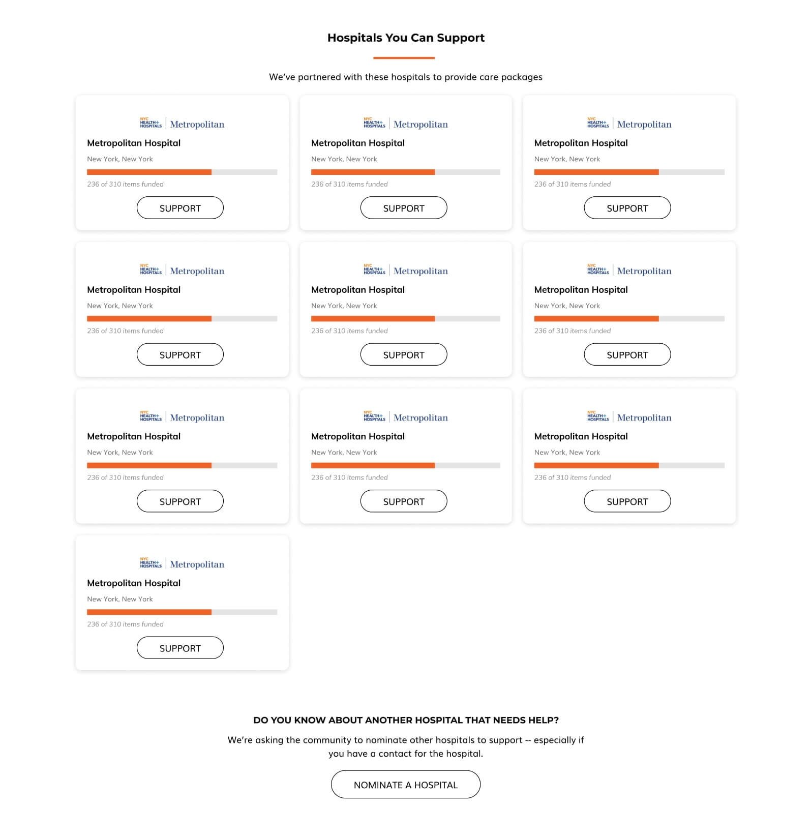 a mockup of a list of hospitals that could be donated to