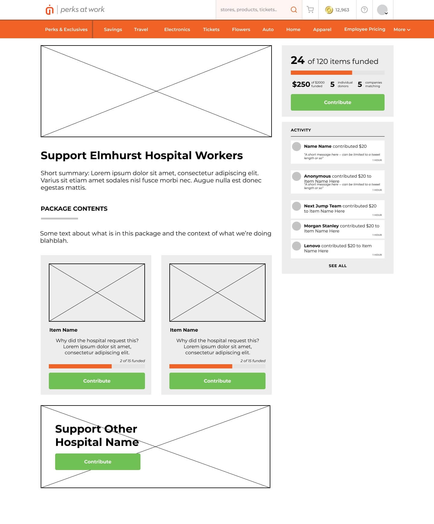 a wireframe of what a funding page could look like