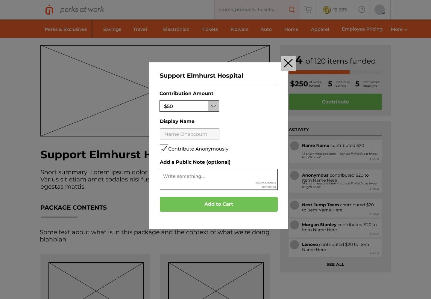 a wireframe of what it looks like when you donate